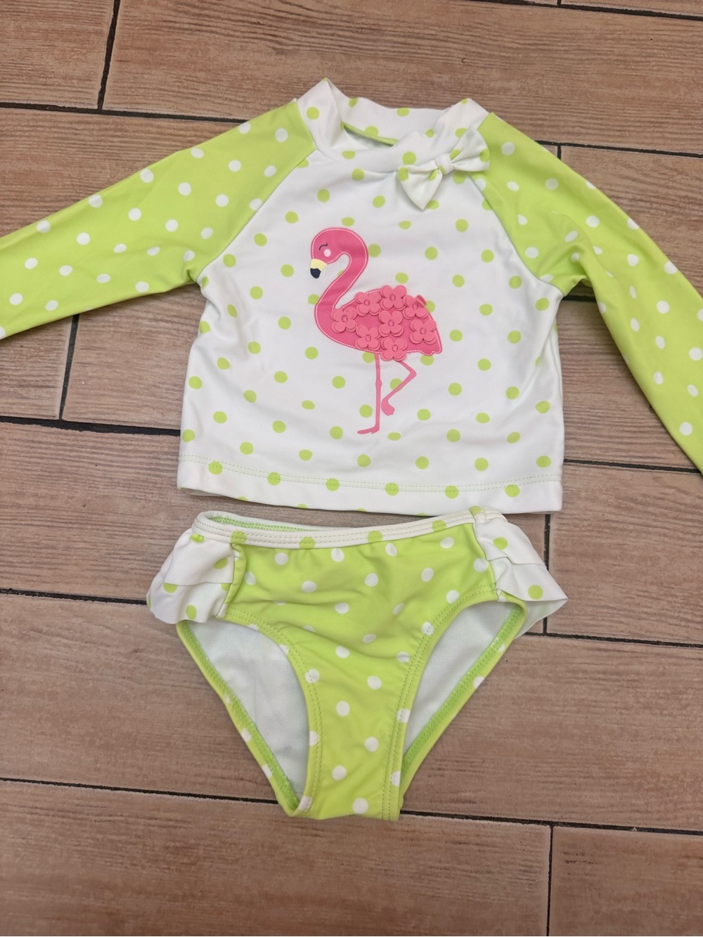 Little Me Lime Green & White Polka Dot Rashguard Set with Pink Flamingo
